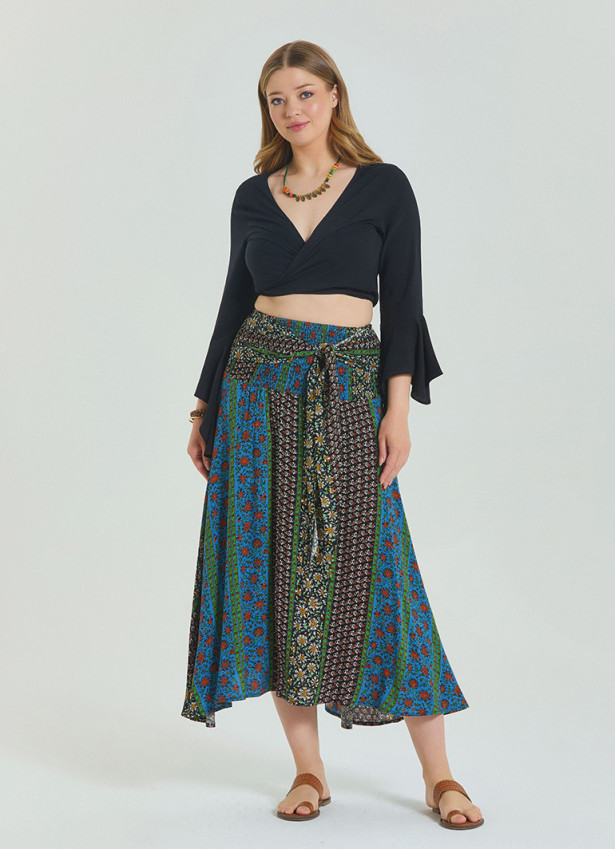 Gipe Waist Tied Navy Blue Plus Size Skirt 4597